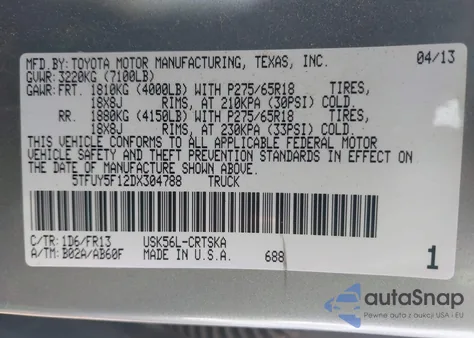2013 Toyota Tundra Grade 5.7L V8 from USA, damaged, VIN 5TFUY5F12DX304788